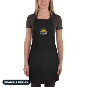 Black embroidered apron with an example Saltbird Café logo (example design)