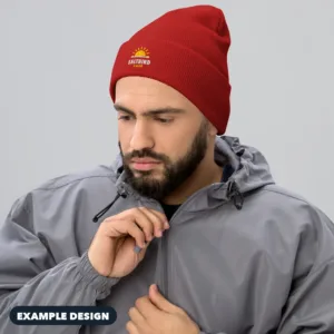 Red cuffed beanie with an example Saltbird Café logo (example design)