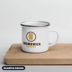 White enamel camp mug with an example Crumbwick Bakery logo (example design)