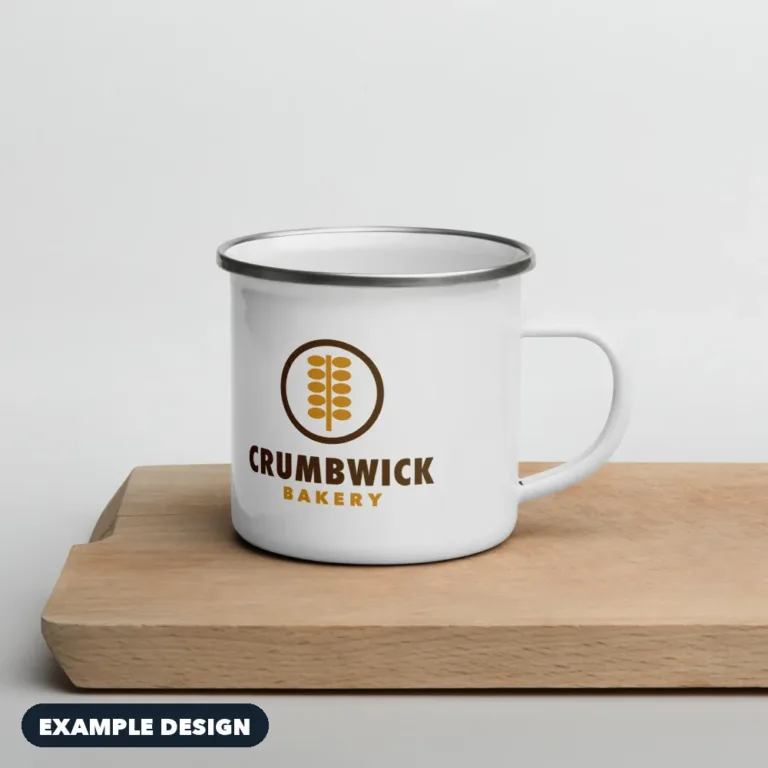 White enamel camp mug with an example Crumbwick Bakery logo (example design)