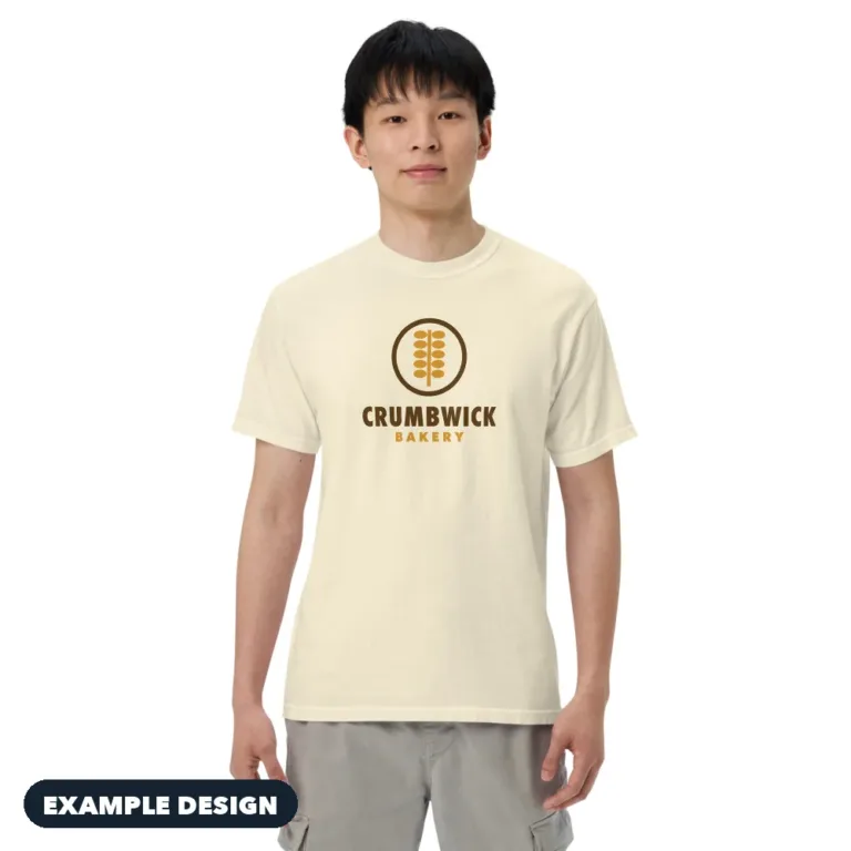 Ivory heavyweight tee with an example Crumbwick Bakery logo (example design)