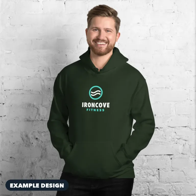 Forest green hoodie with an example Ironcove Fitness logo (example design)