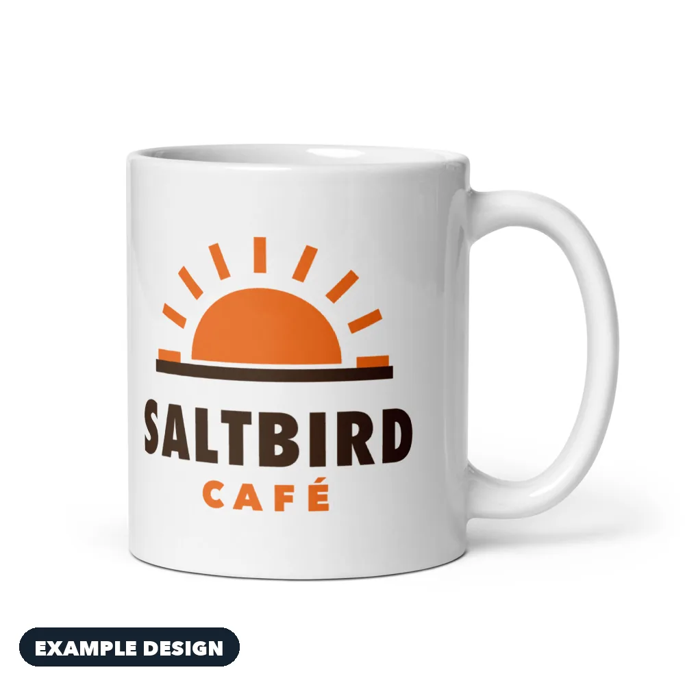 White 11 oz mug with an example Saltbird Café logo (example design)