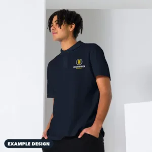 Navy embroidered polo with an example Crumbwick Bakery logo (example design)