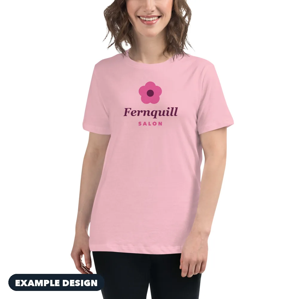 Pink women's relaxed tee with an example Fernquill Salon logo (example design)
