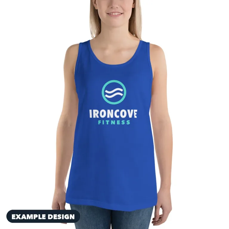 Royal blue tank top with an example Ironcove Fitness logo (example design)