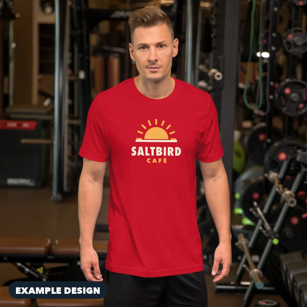 Red Custom Logo T-Shirt with an example Saltbird Café logo (example design)