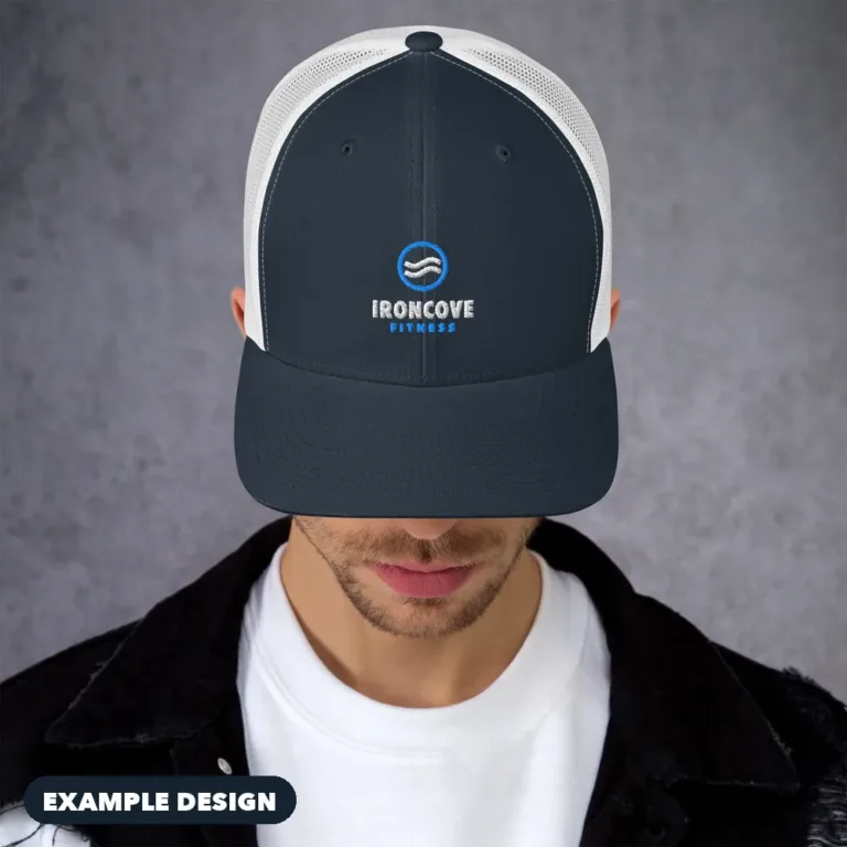 Navy and white trucker hat with an example Ironcove Fitness logo (example design)