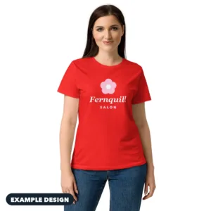 Red women's fitted tee with an example Fernquill Salon logo (example design)